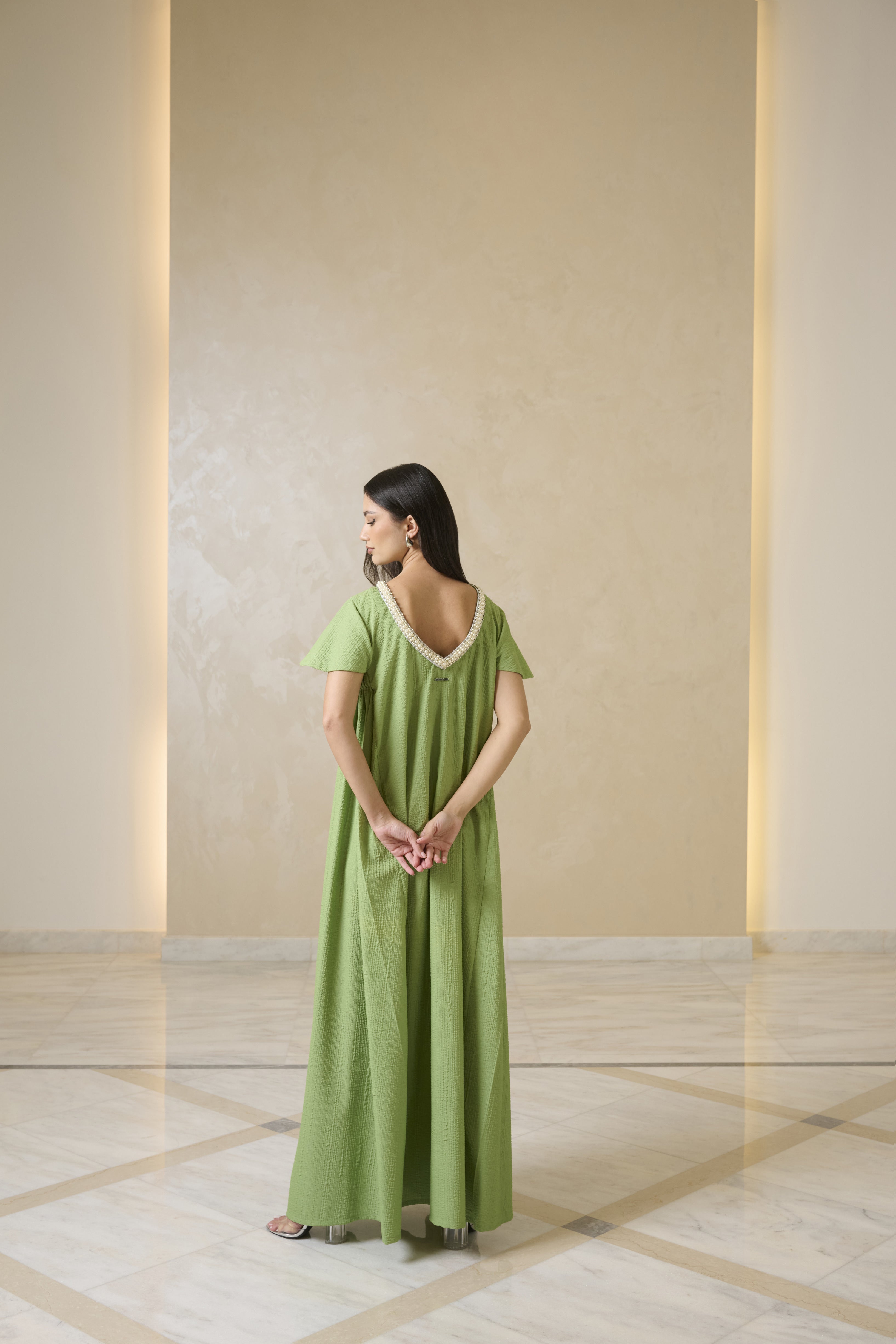 J0033 Crinkled crepe with pear beading on neckline