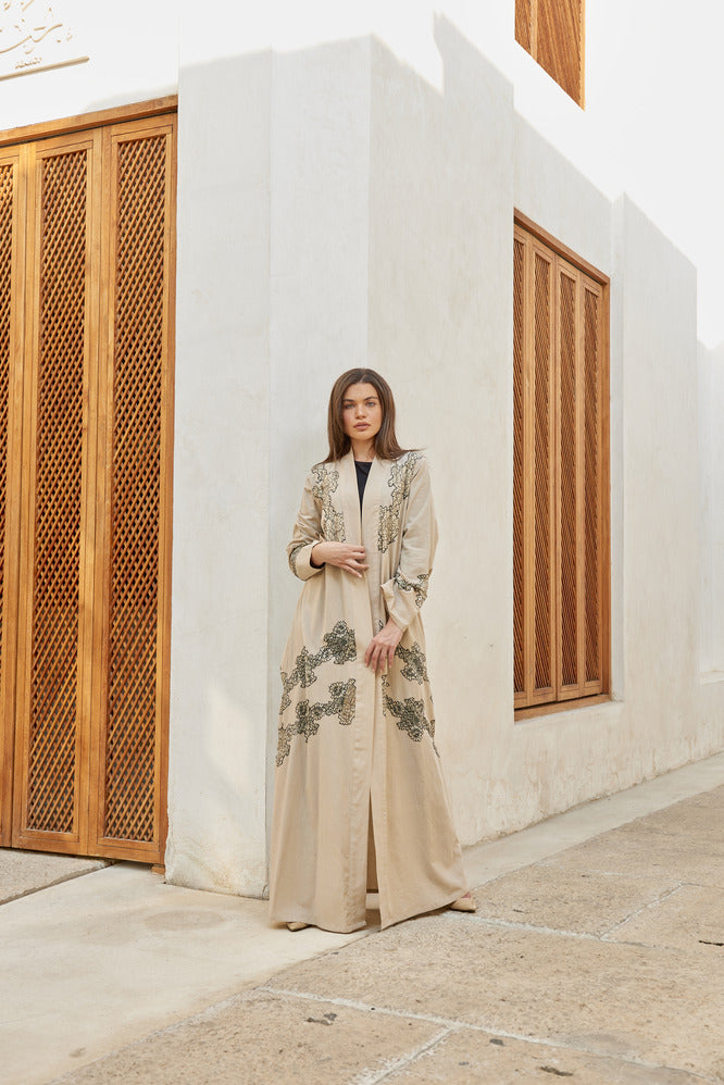 A0186 Linen abaya with french lace