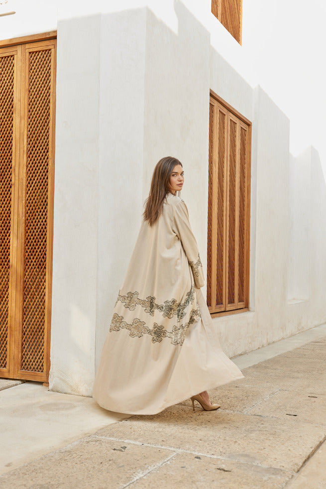 A0186 Linen abaya with french lace