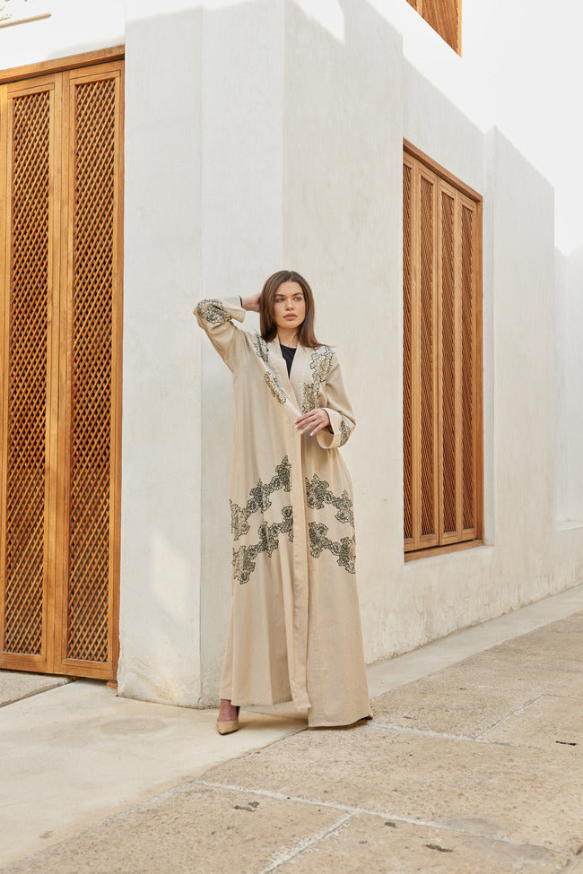 A0186 Linen abaya with french lace