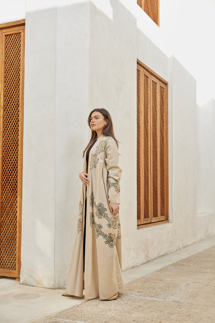 A0186 Linen abaya with french lace