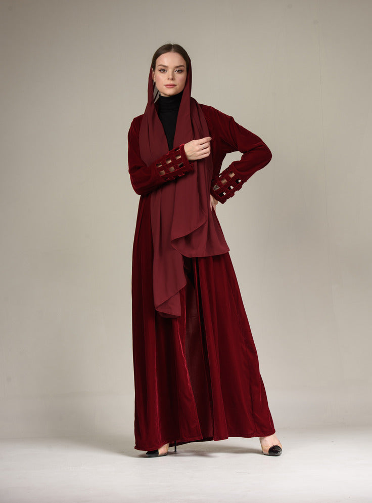 A0183 Velvet abaya with design detail on sleeve