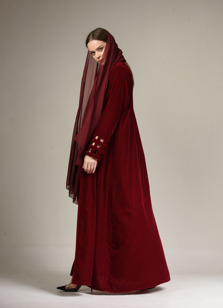 A0183 Velvet abaya with design detail on sleeve