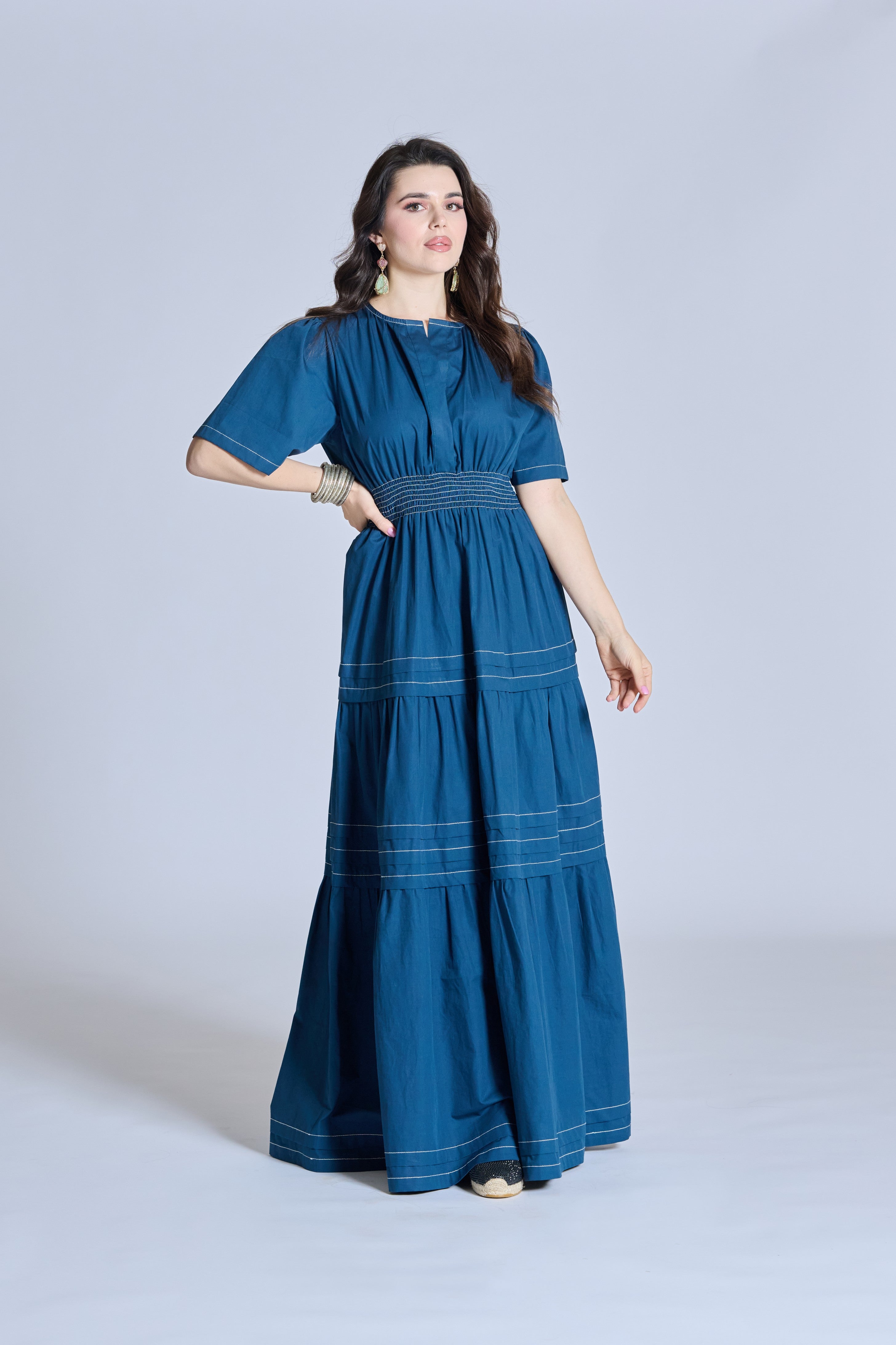 J0109 Blue Cotton Maxi Dress with Elastic Waist
