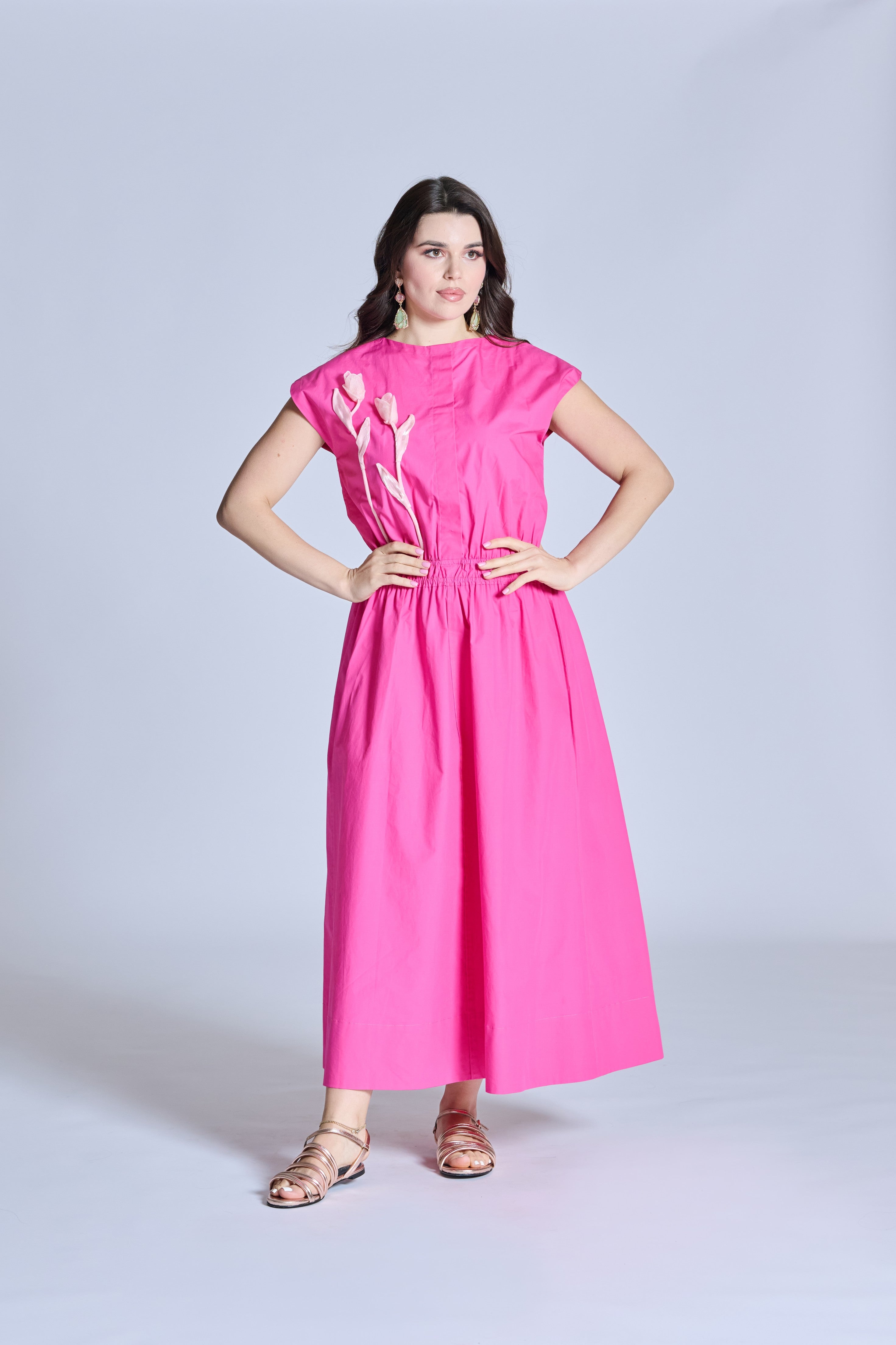J0106 Pink poplin cotton dress with 3 D flower