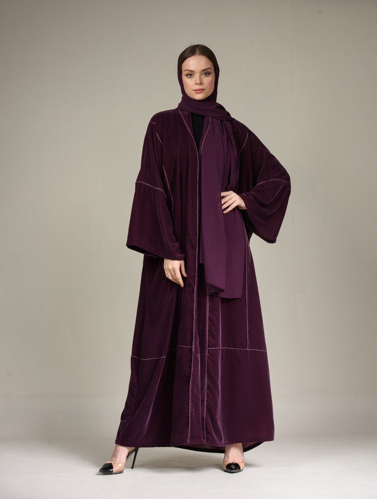 A0172 Velvet abaya with handmade crochet on abaya and scarf