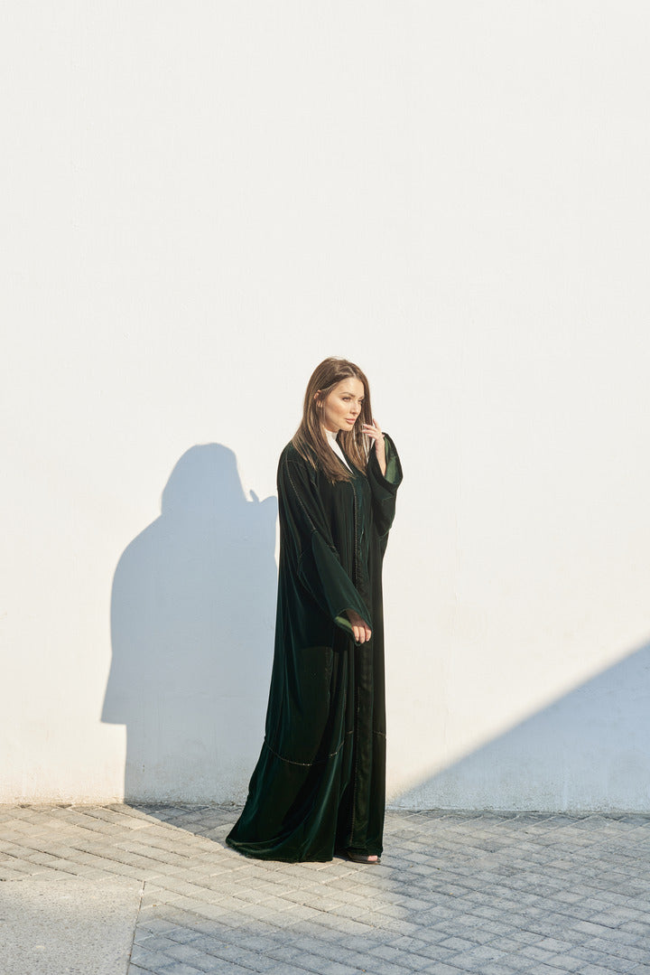 A0172 Velvet abaya with handmade crochet on abaya and scarf