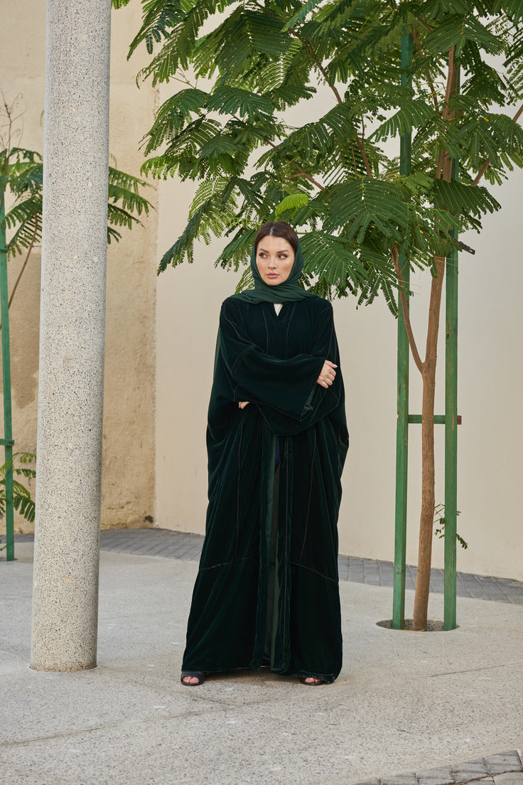 A0172 Velvet abaya with handmade crochet on abaya and scarf
