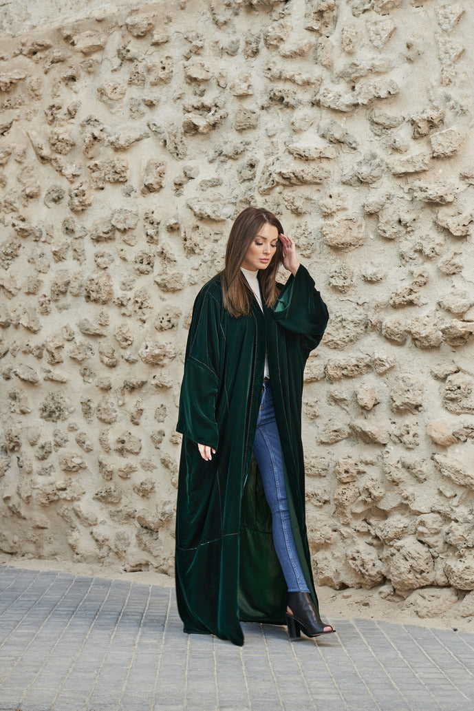 A0172 Velvet abaya with handmade crochet on abaya and scarf