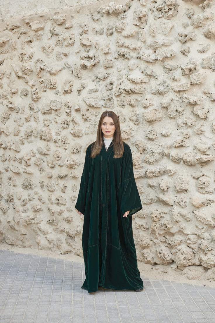 A0172 Velvet abaya with handmade crochet on abaya and scarf