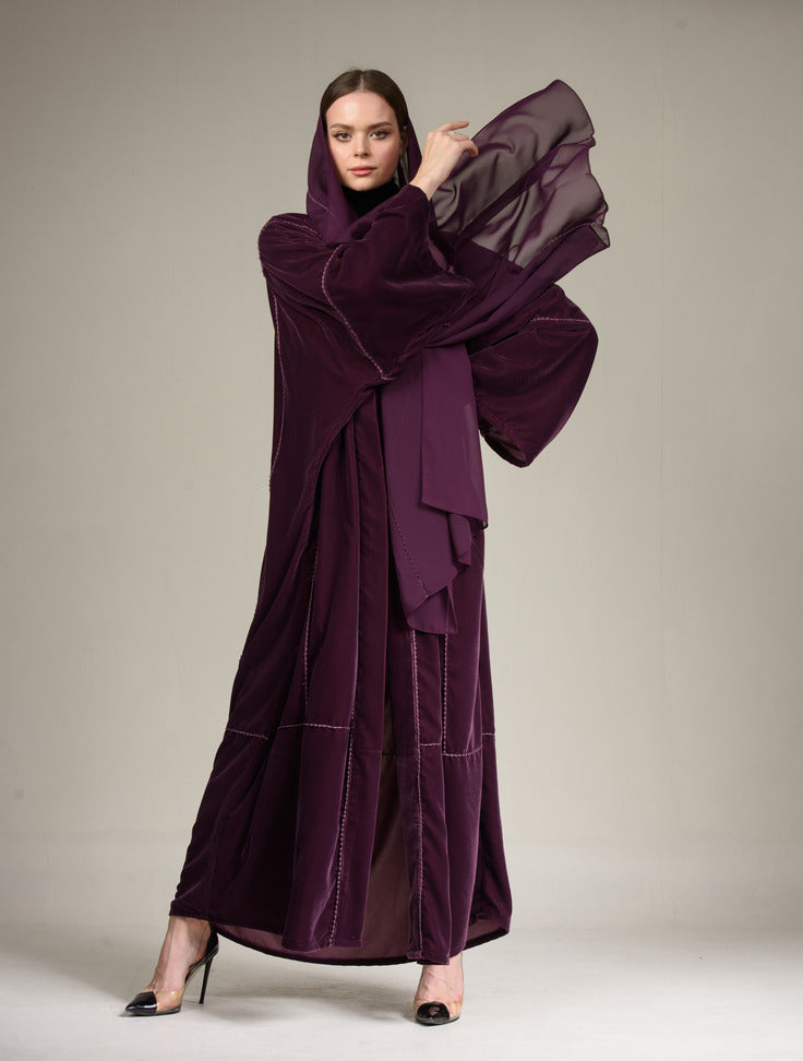 A0172 Velvet abaya with handmade crochet on abaya and scarf