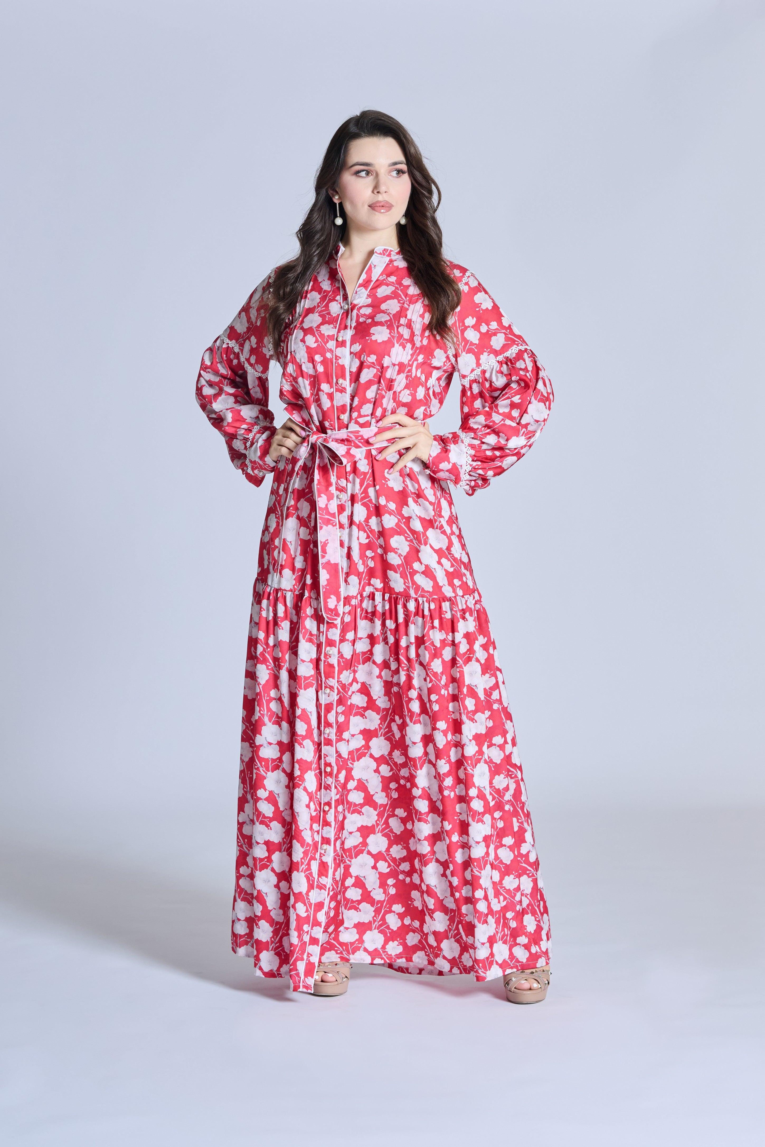 J0108 Red Silk Maxi Dress With Lace & Pearl Buttons