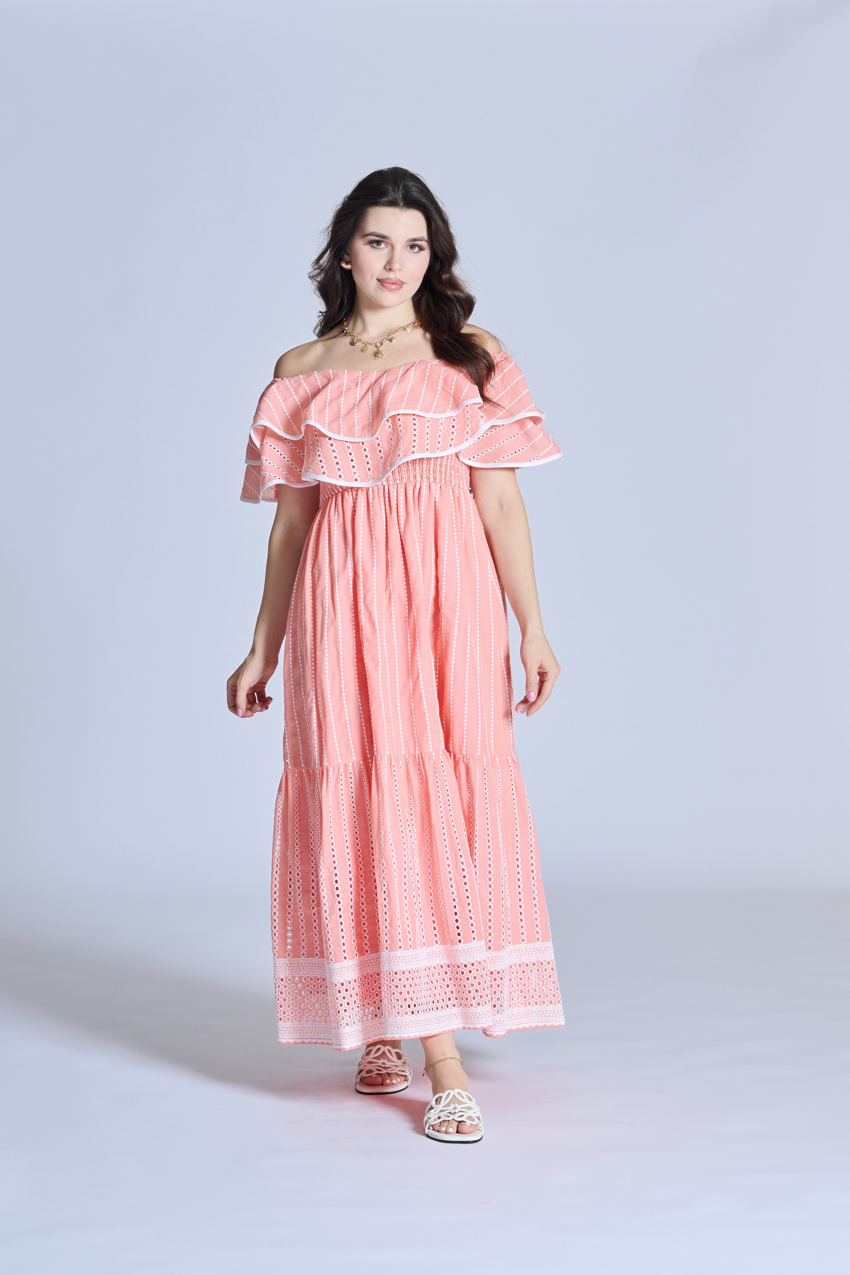 J0105 Peach Embroidered Cotton Dress