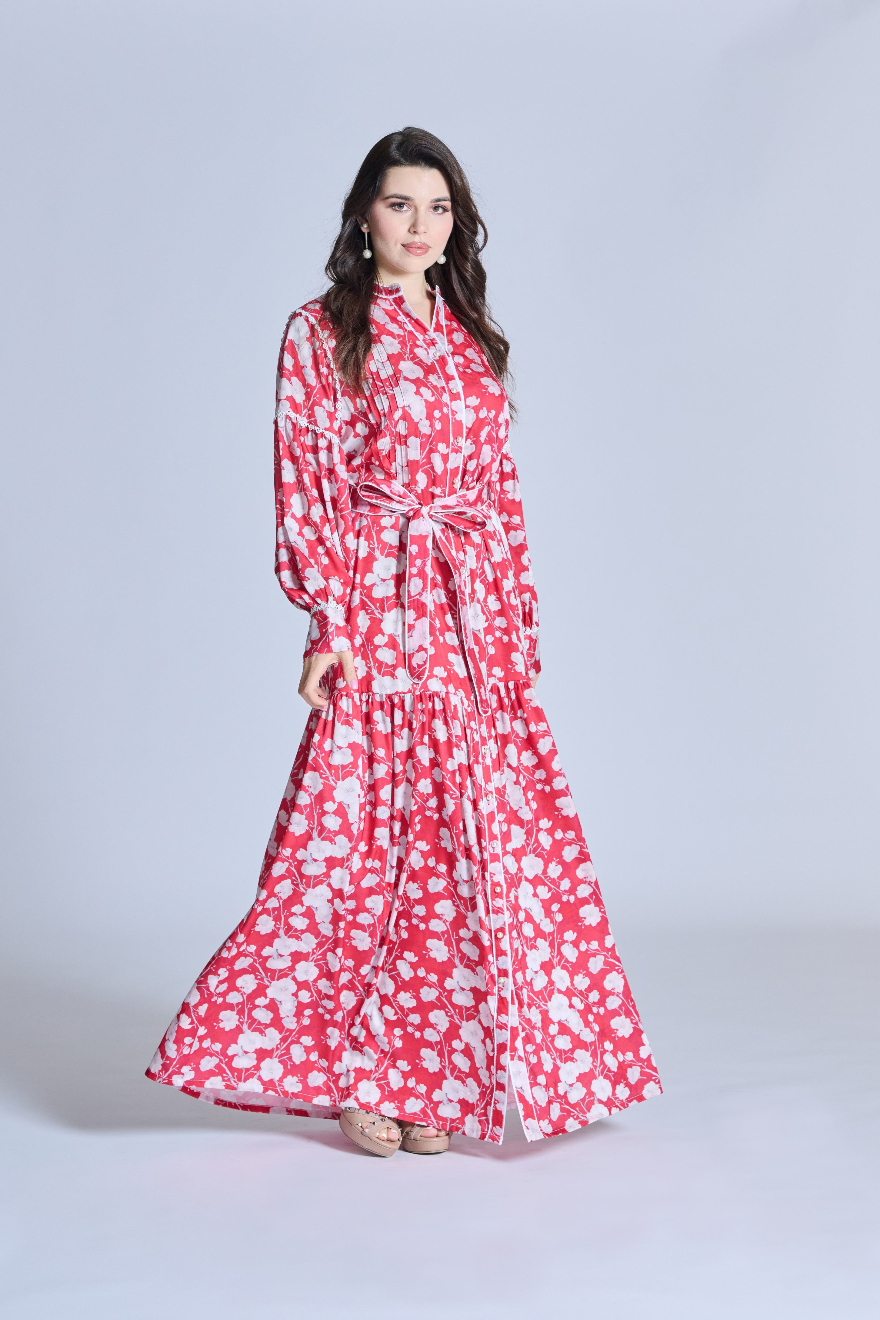 J0108 Red Silk Maxi Dress With Lace & Pearl Buttons