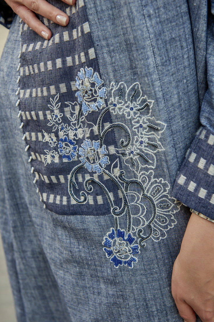 A0245 Grey blue linen with handwork