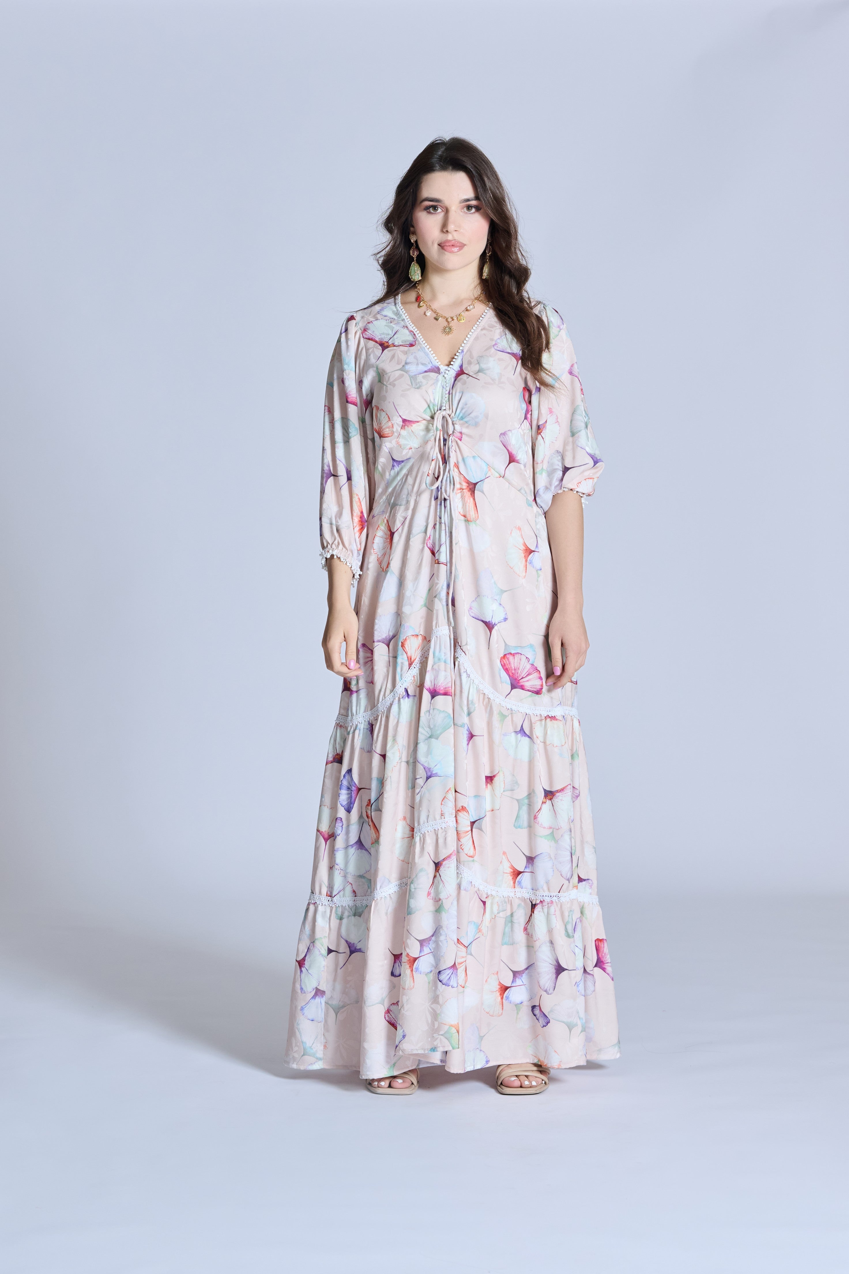 J0104 Silk Maxi Dress With Lace Details