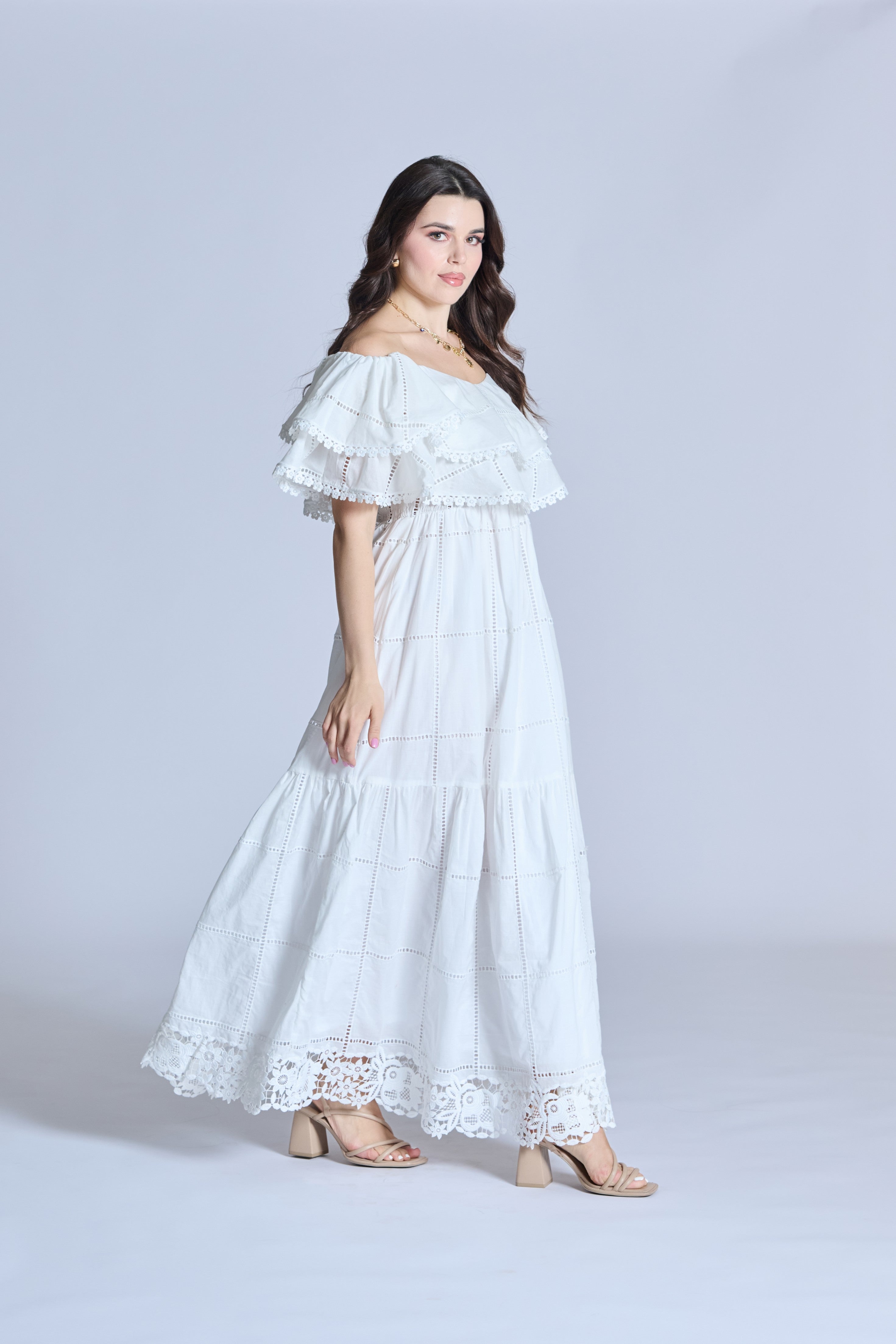 J0111 White Cotton Dress with Embroidery and Lace