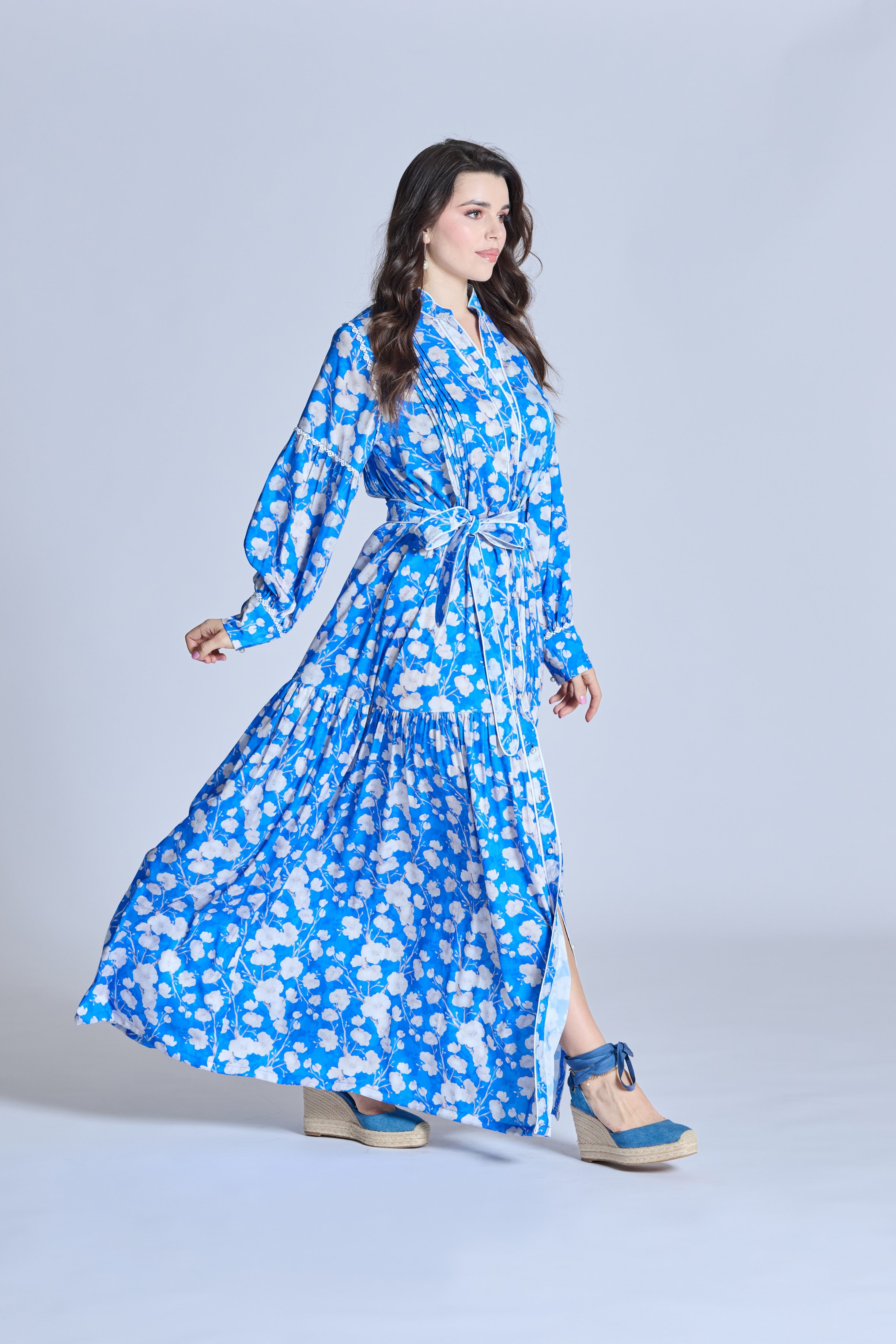 J0108 Red Silk Maxi Dress With Lace & Pearl Buttons