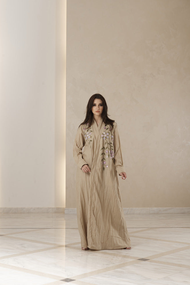 A240 Beige crinkle linen with embroidery and flower attachments