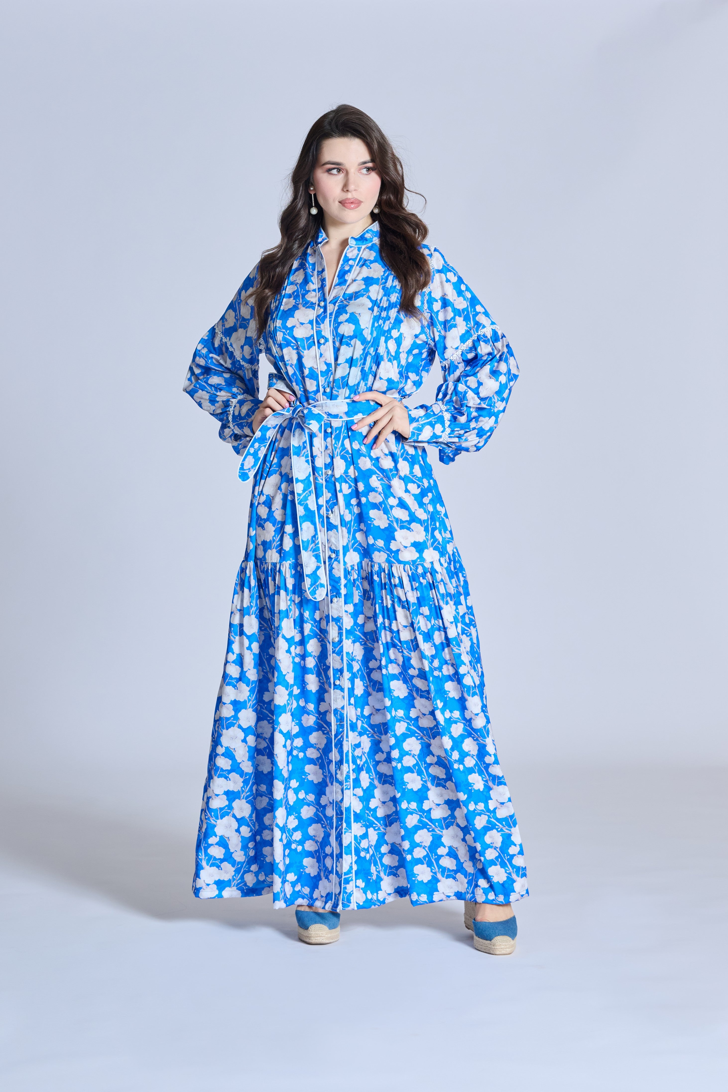 J0108 Red Silk Maxi Dress With Lace & Pearl Buttons