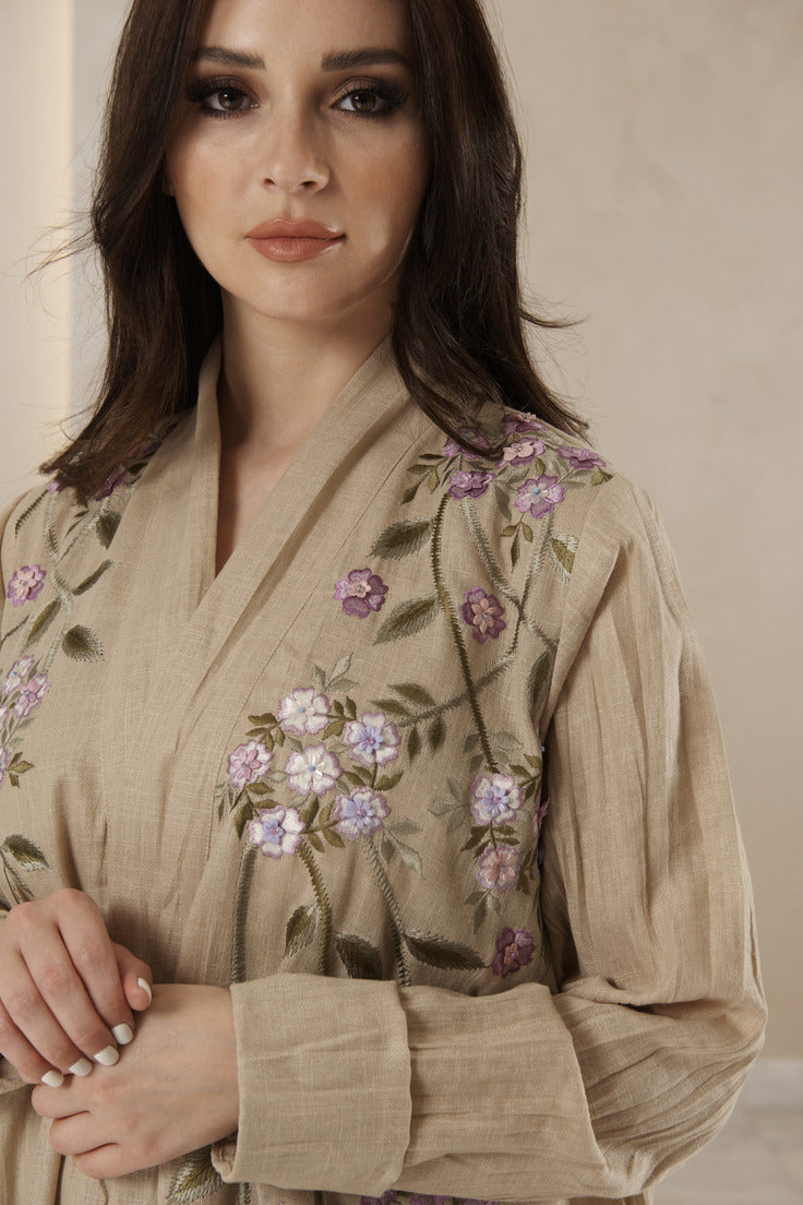 A240 Beige crinkle linen with embroidery and flower attachments