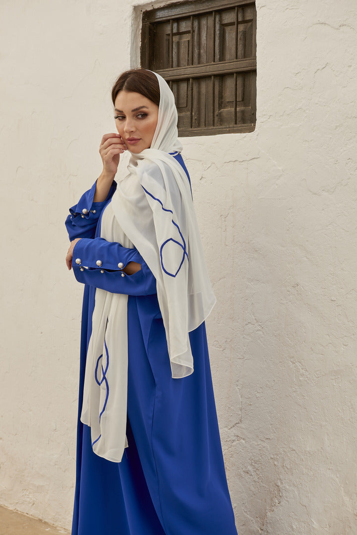 A0184 Crepe bisht abaya with pearl cufflinks and embroidery on scarf
