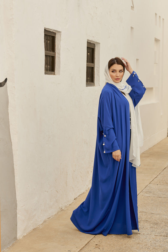 A0184 Crepe bisht abaya with pearl cufflinks and embroidery on scarf